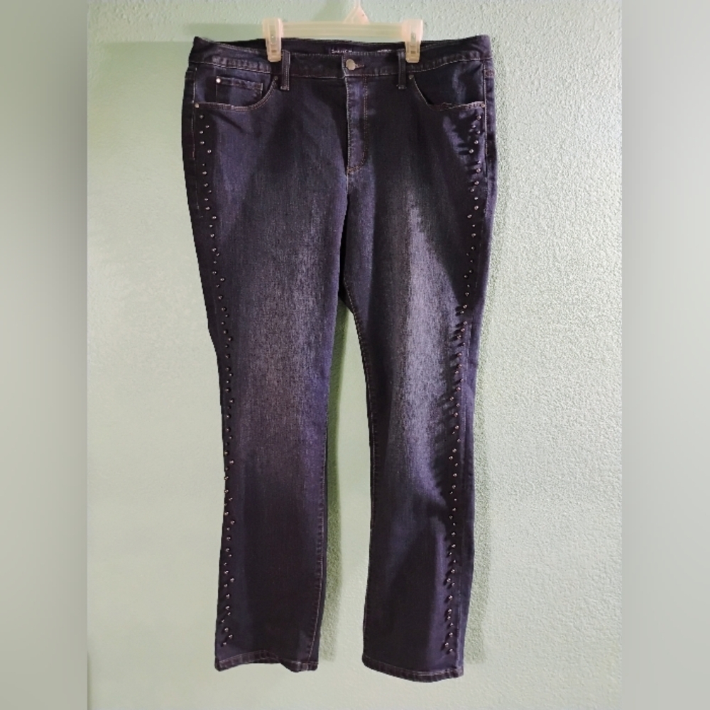 Charter Club Sz 16 "Lexington Straight " Pearl Embellished Blue Jeans Stretch